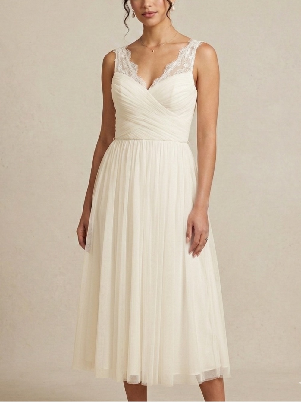 HITHERTO BHLDN Fleur Lace Tulle Ruched Bridal Cocktail Midi Dress Ivory 12